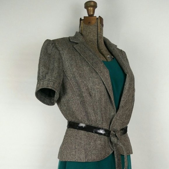 Loft petites herringbone short sleeve grey jacket - Picture 9 of 16